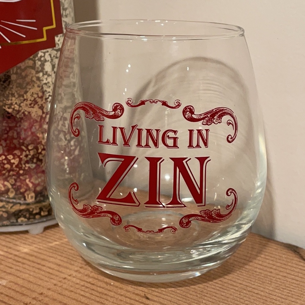 NWOT “Living In Zin” Stemless Wine Glass